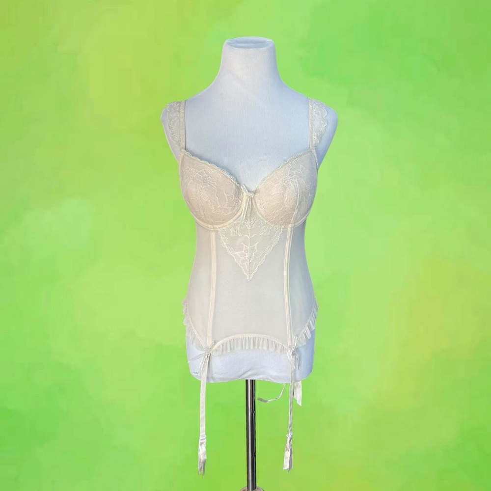 Vintage Cream and white lace corset top with adjustable straps and garter straps